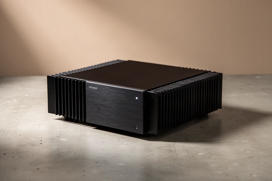 Compact black aluminium hi-fi power amplifier photographed on a matte concrete surface