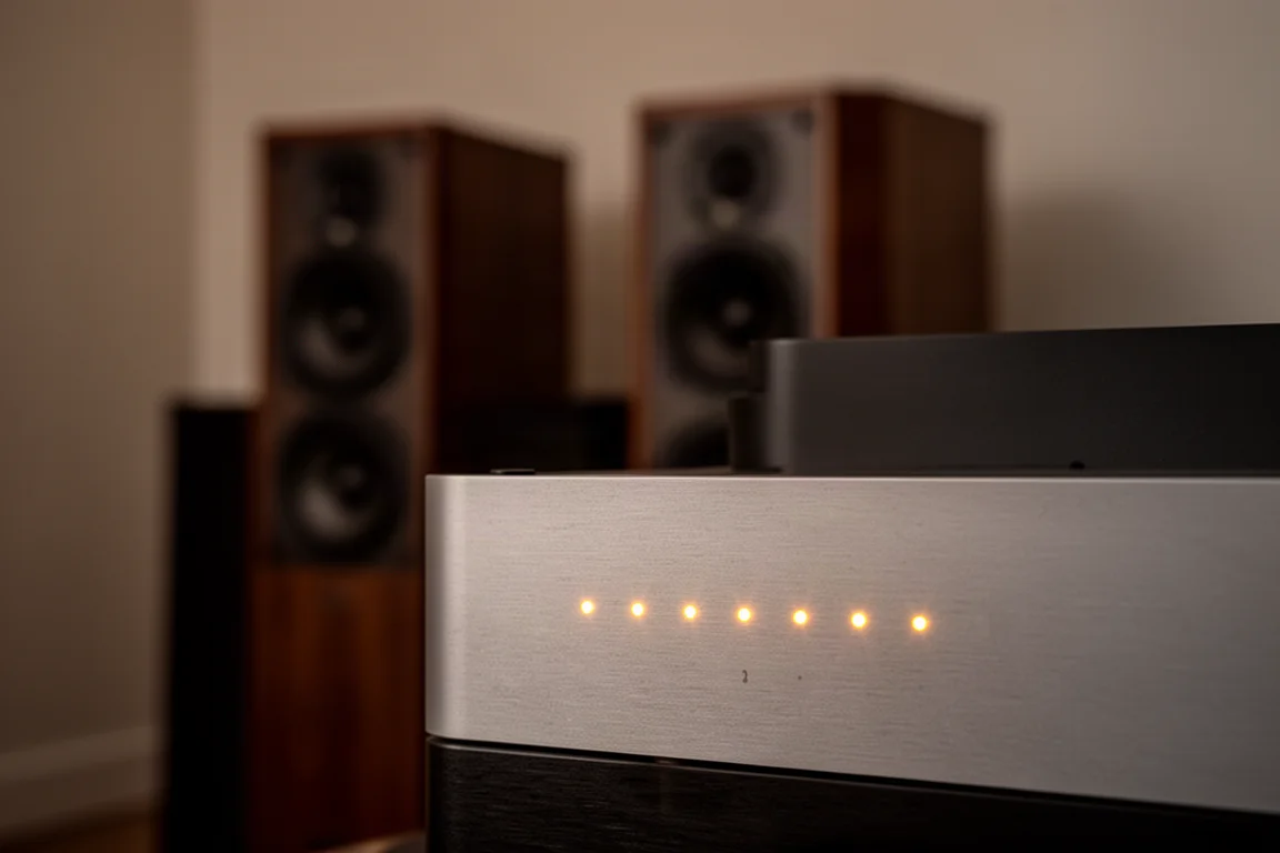 Zbliżenie małych bursztynowych diod wskaźników świecących na przednim panelu hi-fi w zaciemnionym pokoju