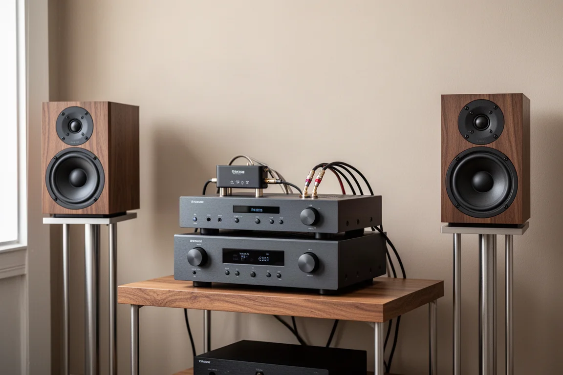 Stos elementów hi-fi na niskiej drewnianej półce otoczony kolumnami podstawkowymi