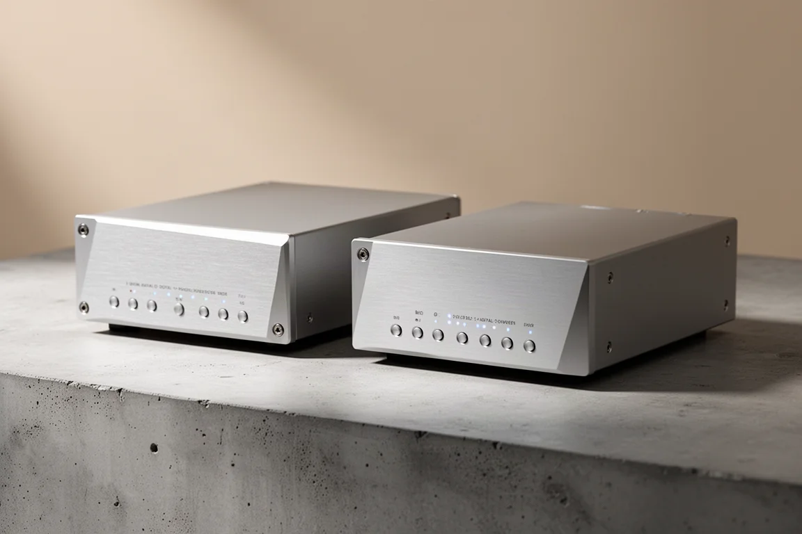 Two compact hi-fi DACs side by side on a matte concrete surface