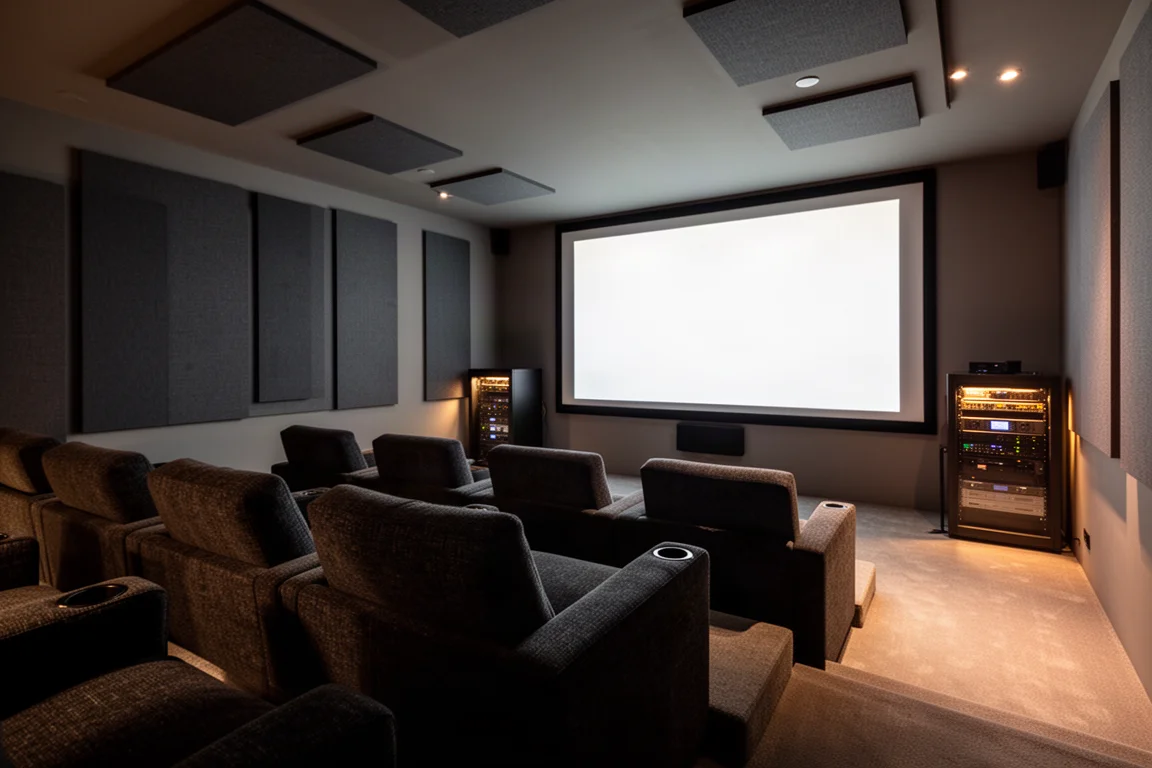 Salle de home cinéma faiblement éclairée avec sièges en gradins, écran lumineux et panneaux acoustiques muraux