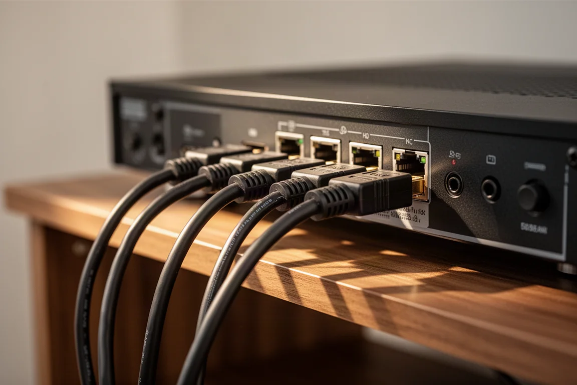 Gros plan sur des câbles HDMI soigneusement acheminés et branchés à l'arrière d'un appareil de home cinéma