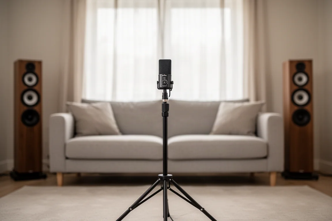 Microphone de mesure sur un trépied dans un salon pendant une session de calibration acoustique
