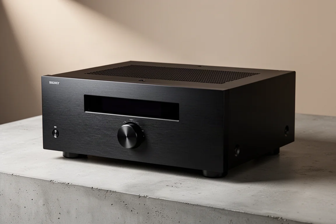 Large matte black flagship home theater AV receiver on a concrete surface in soft studio light