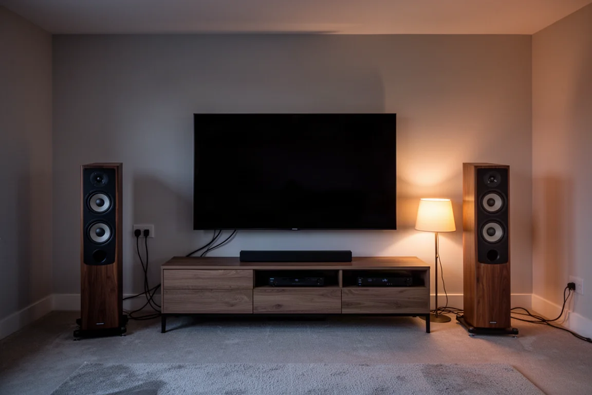 Sfeervol verlichte woonkamer met home theater, zuiluidsprekers aan weerszijden van een laag meubel