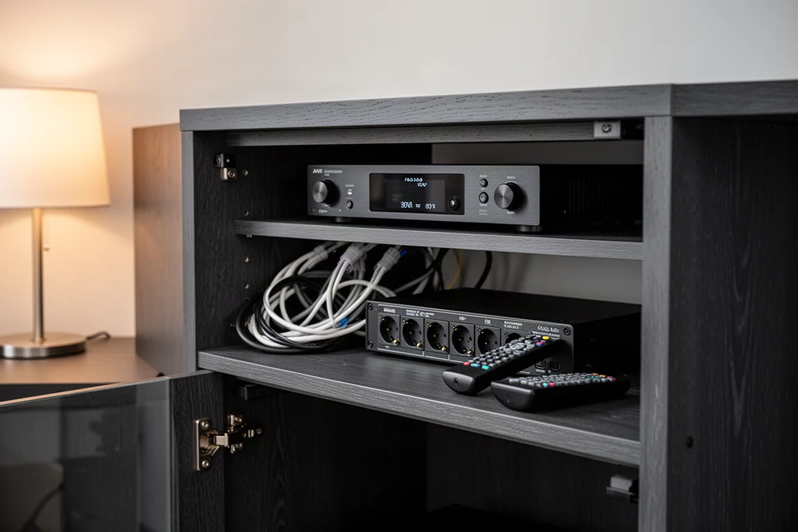 Open AV-kast met netjes gebundelde kabels, een plank voor de receiver en een afstandsbediening