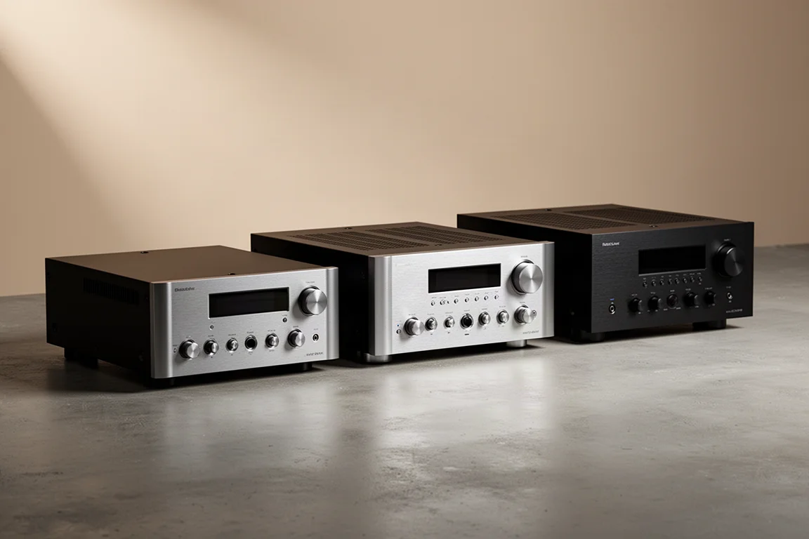 Three home theater AV receivers lined up on a matte concrete surface in soft studio light