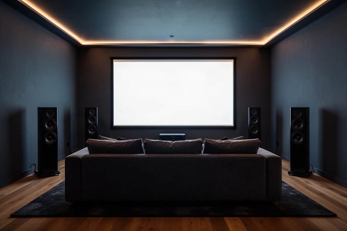 Modern woonkamer-thuistheater met groot scherm, vloerstaande speakers en notenhouten meubel
