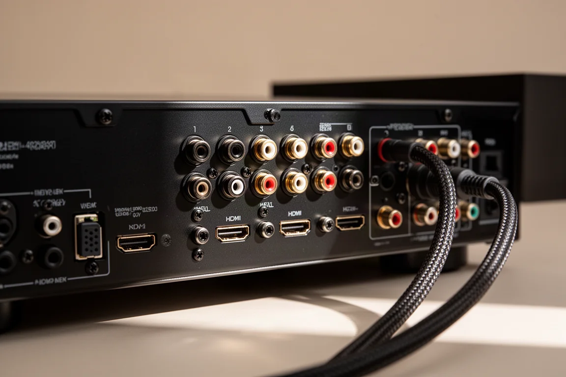 Bovenaanzicht van een open AV-receiverchassis met versterkermodules en koellichamen
