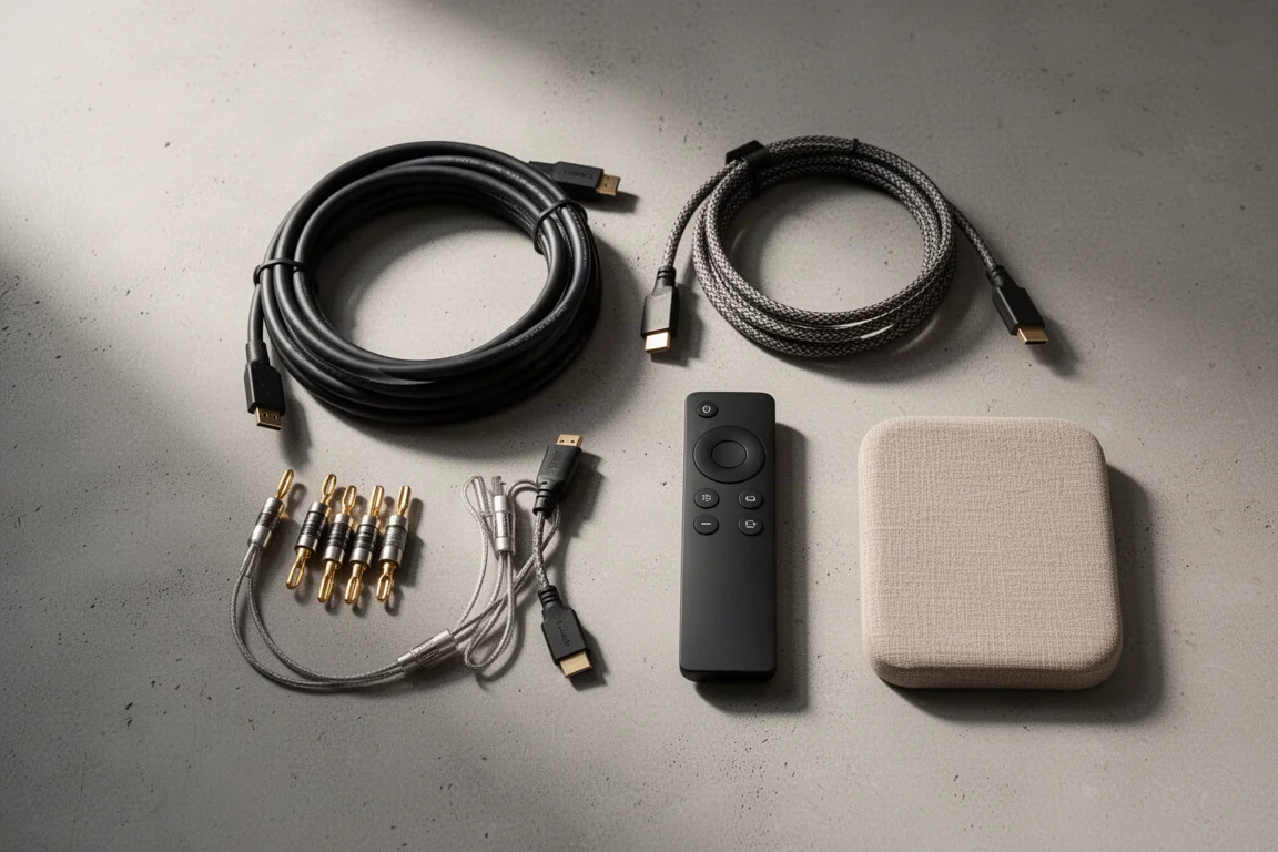 Verduisterde mediaruimte gezien vanaf de zitplaatsen met plafondspeakers en een oplichtend scherm
