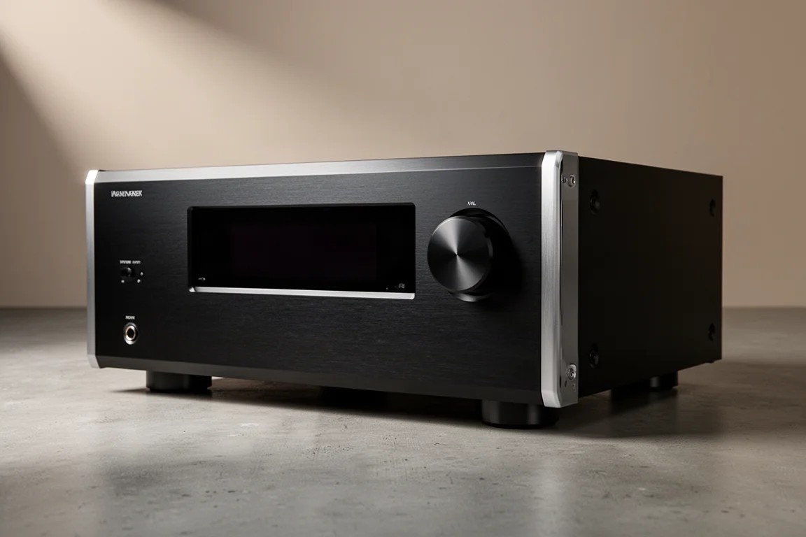 Large black multi-channel AV receiver on a concrete plinth in soft studio light