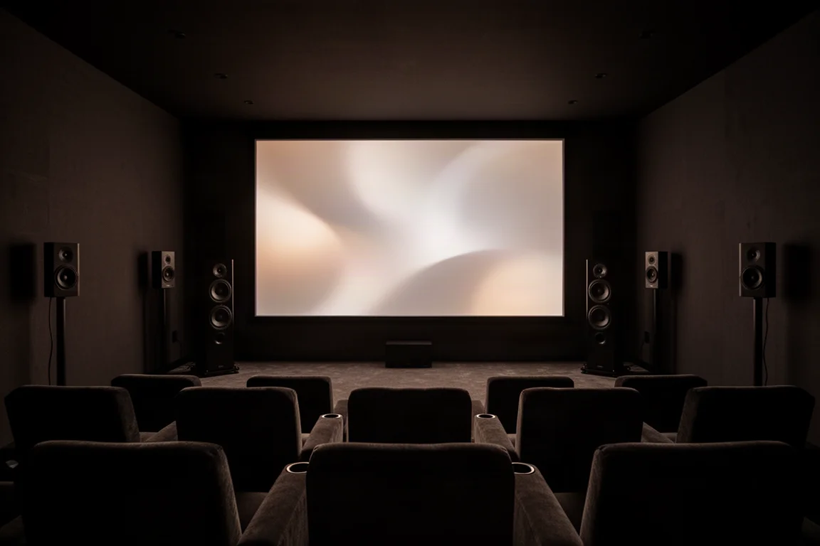 Ampia sala home theater con posti a gradinata, grande schermo e un completo array di diffusori surround