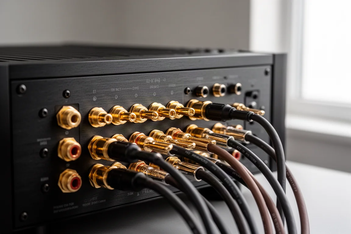 Dettaglio del pannello posteriore di un ricevitore home theater con terminali diffusori e connettori XLR bilanciati