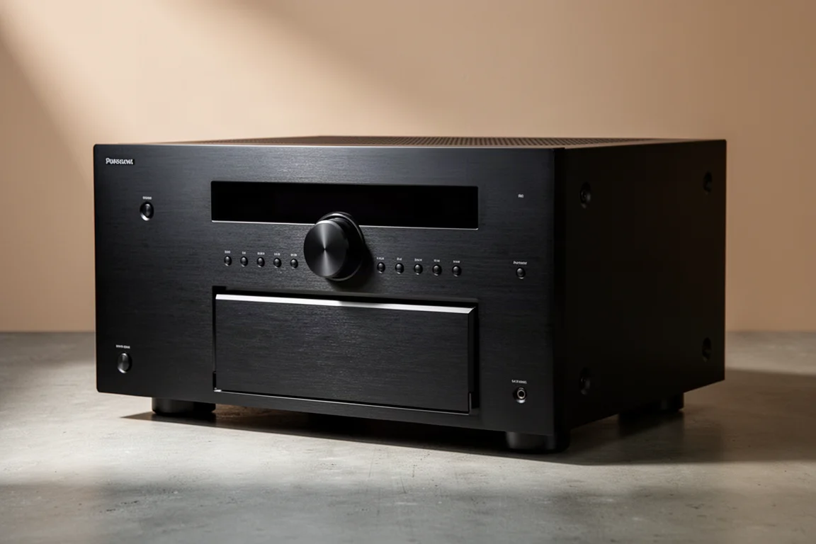 Large black flagship home theater AV receiver photographed at a three-quarter angle on concrete