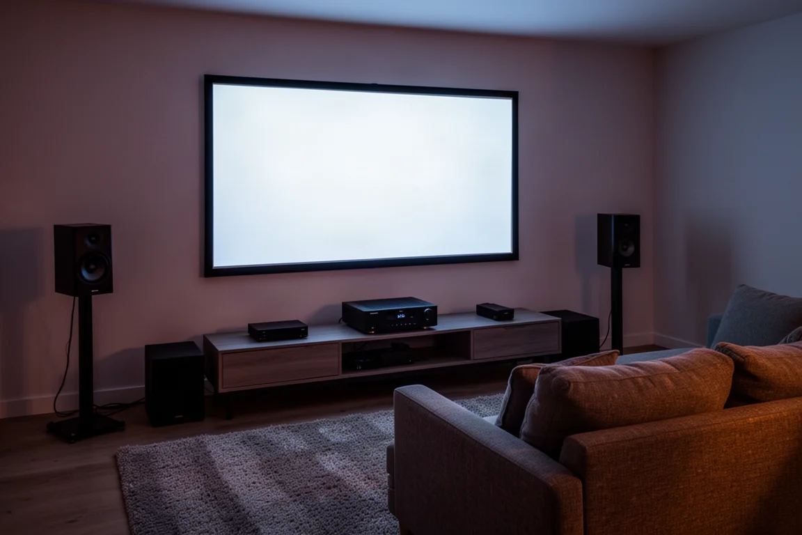 Dimly lit living room home theater setup with a glowing screen and surround speakers