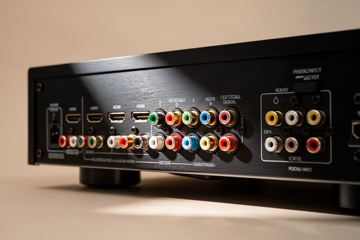 Close-up of a home theater receiver rear panel showing HDMI ports and speaker terminals