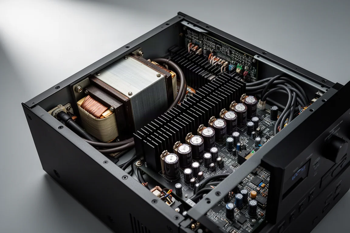 Interior view of a home theater receiver amplifier section with transformer and heat sinks