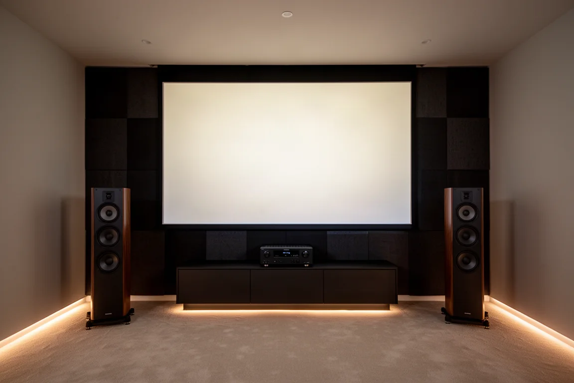 Home theater room with a projection screen and floorstanding speakers in low light