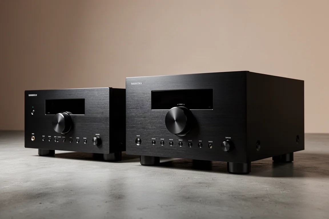 Two black Denon home theater receivers side by side on a matte concrete surface