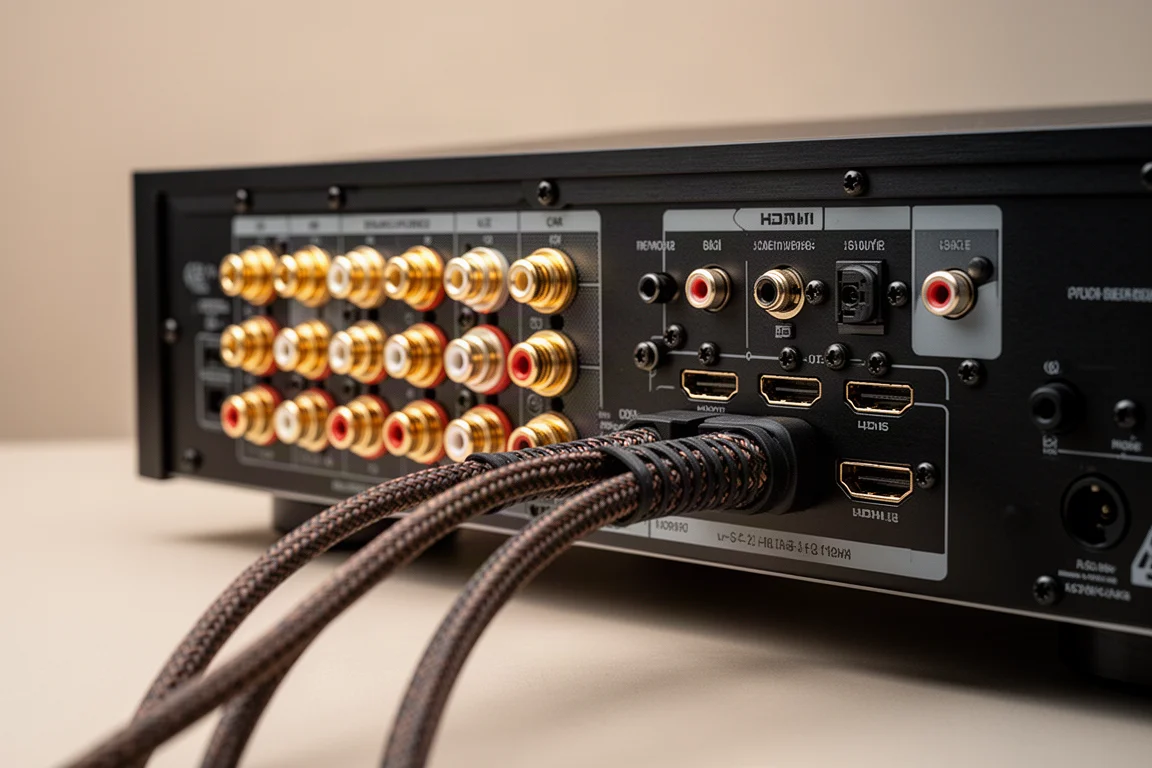 接收器后面板的特写,显示喇叭接线柱和 HDMI 端口
