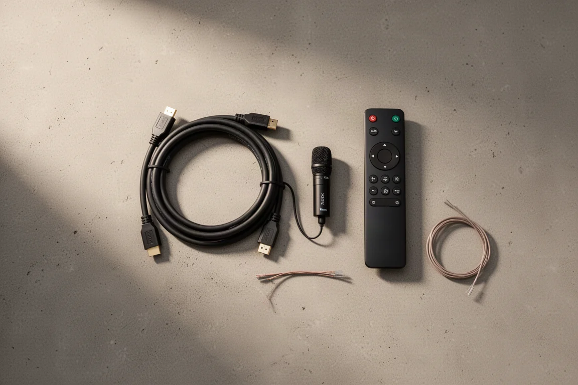家庭影院配件的俯拍平铺图,包括 HDMI 线和校准麦克风