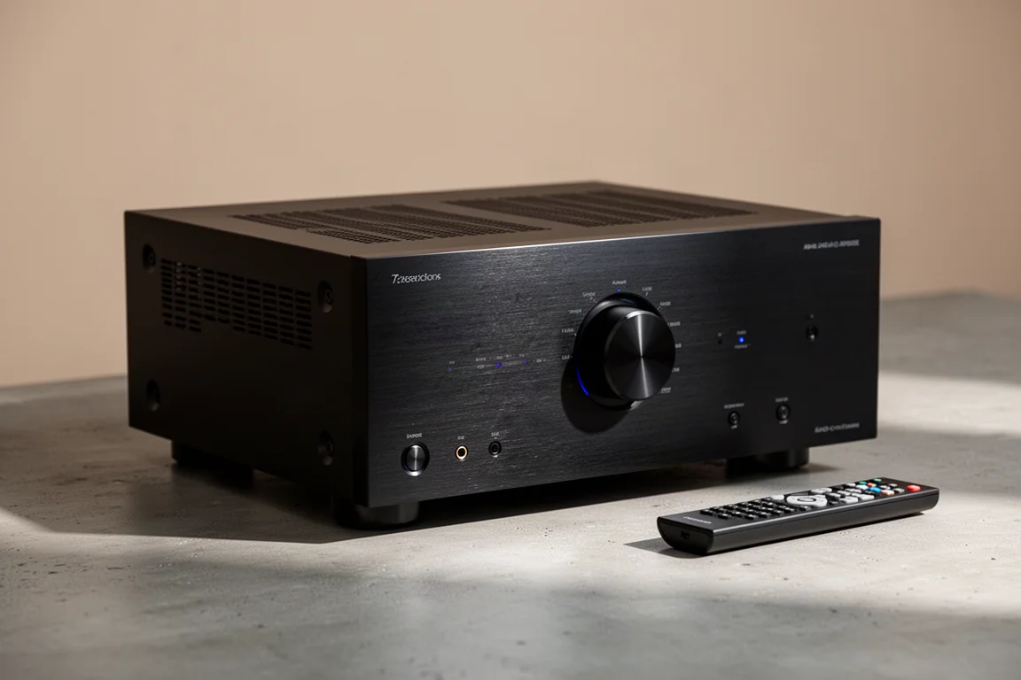 Black 7.2-channel home theater AV receiver with remote on a matte concrete surface