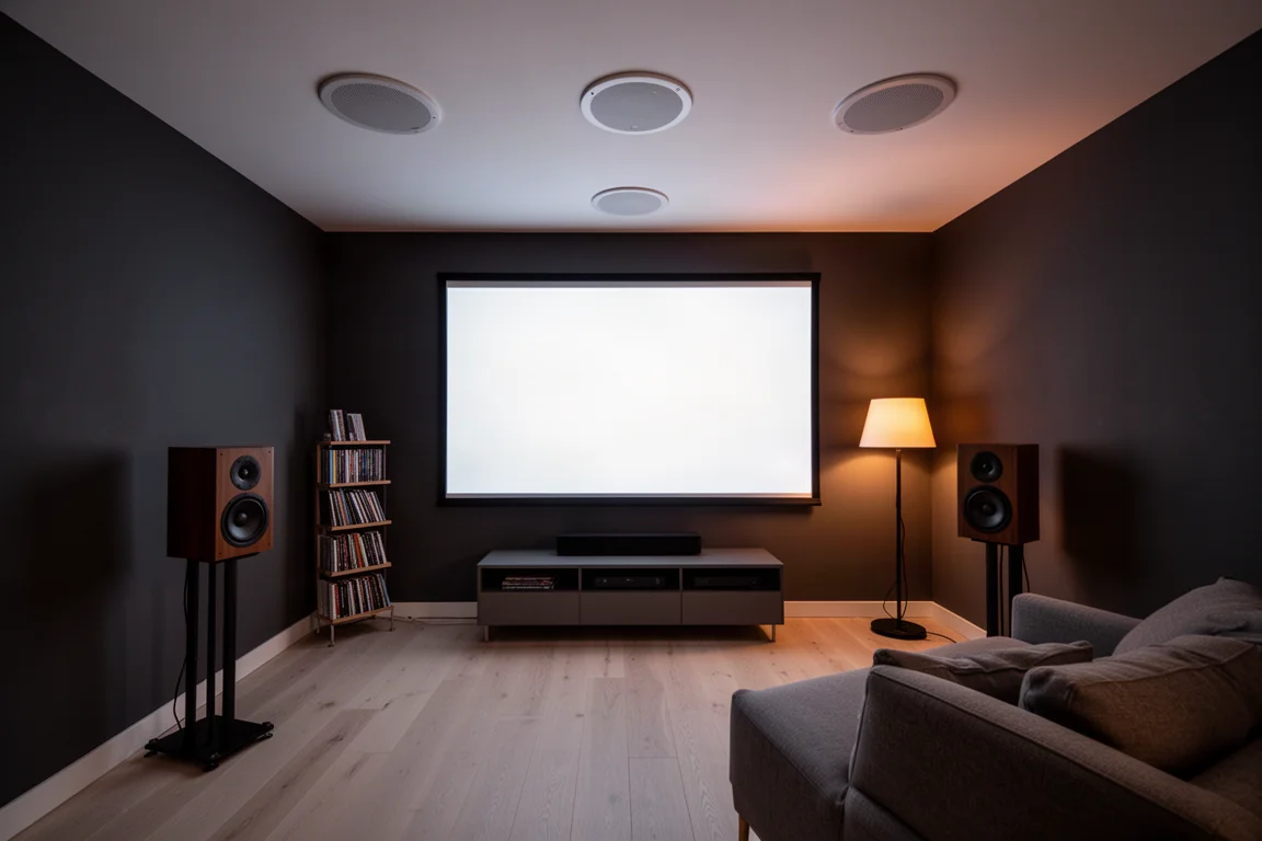 Soggiorno con home theater, schermo luminoso, diffusori su supporto e diffusori da incasso a soffitto