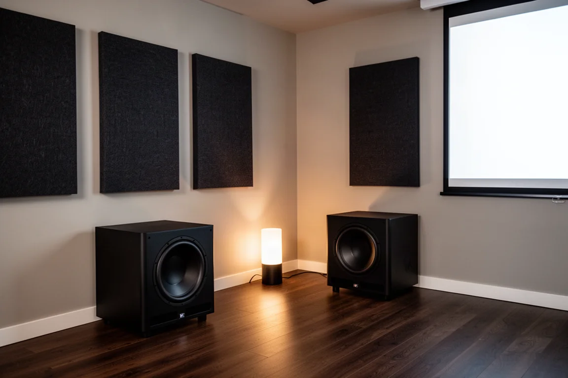 Due subwoofer nell'angolo buio di un home theater con pannelli acustici alle pareti