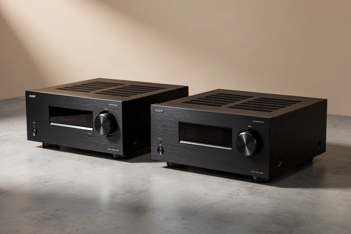 Two black Denon AV receivers side by side on a matte concrete surface