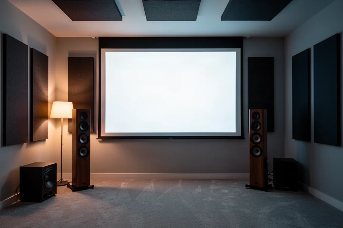 Home theater room with a glowing screen, tower speakers and a subwoofer in low light