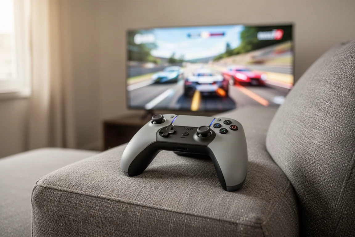 Game controller on a sofa with a blurred screen showing a bright racing scene