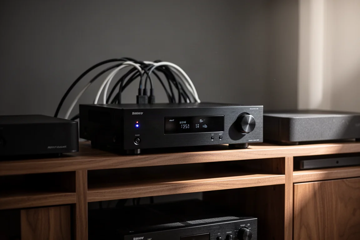Wooden media rack holding an AV receiver with neatly routed cables behind it