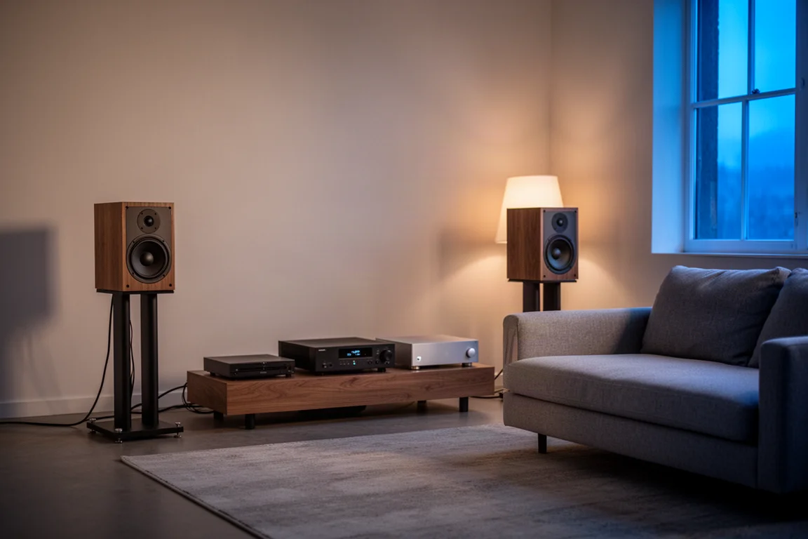 Living room listening setup with speakers, a sofa and a lamp in evening light