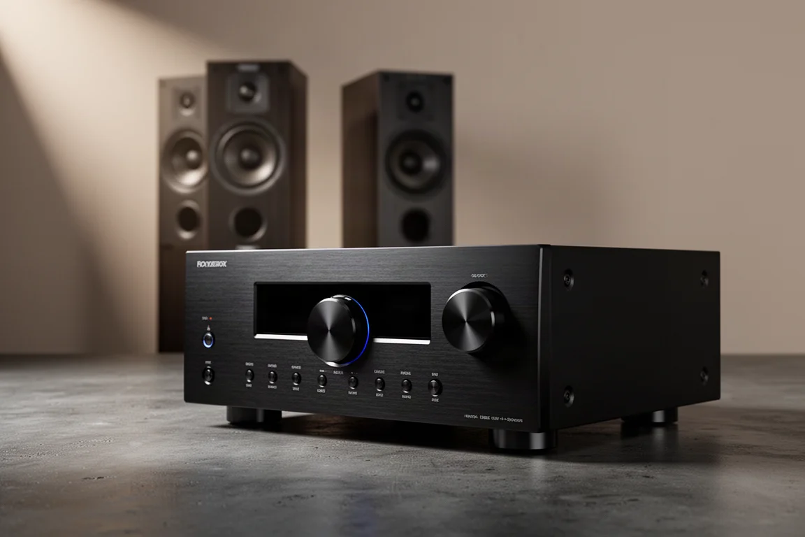 Black home theater AV receiver on a concrete surface with tower speakers blurred behind it
