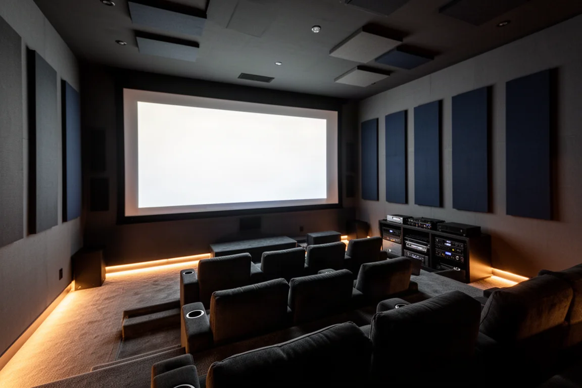 Sala home theater con posti a gradinata e un grande schermo luminoso in penombra