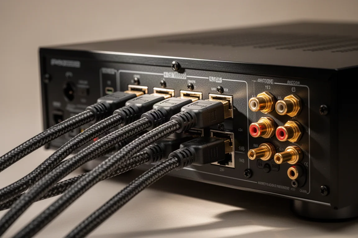 Primo piano di cavi HDMI inseriti nel pannello posteriore di un ricevitore AV nero