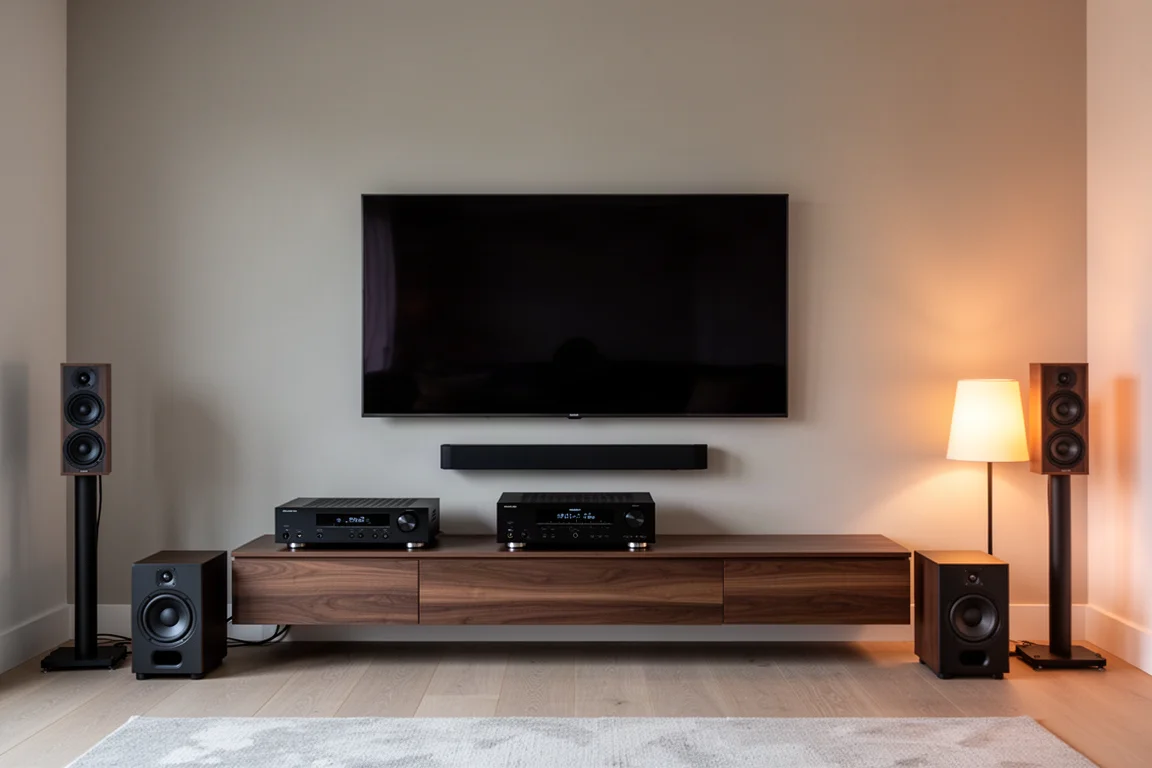 Parete multimediale del salotto con un ricevitore su uno scaffale, diffusori e due subwoofer