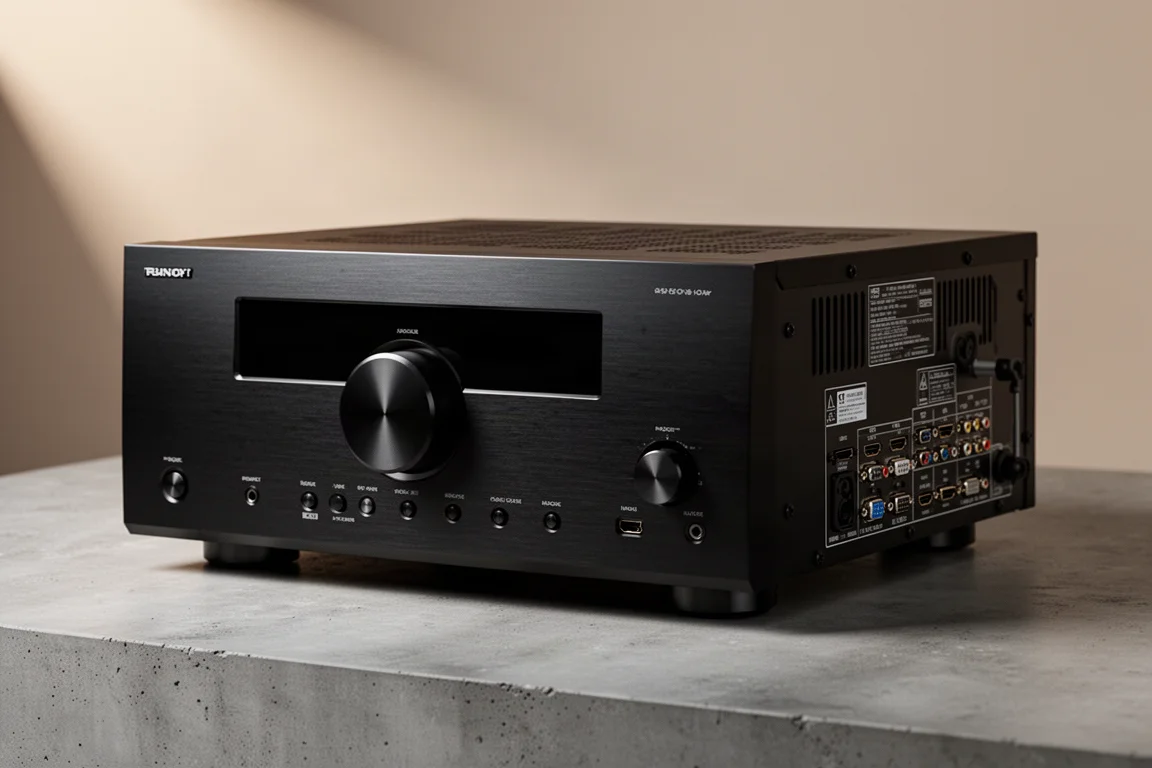 Black AV receiver with brushed front panel on a matte concrete surface