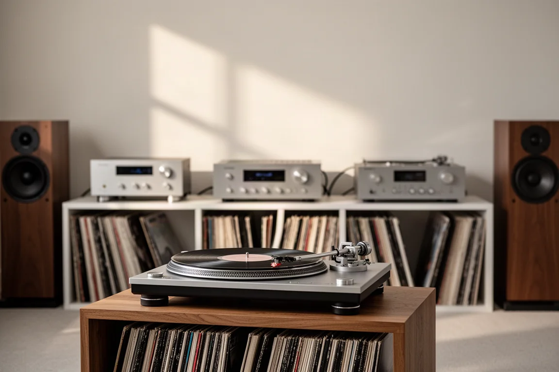 Sala de audição hi-fi com um toca-discos em uma estante de madeira e prateleiras de discos de vinil