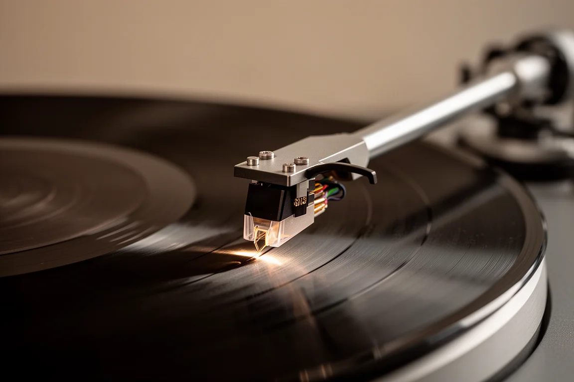 Close de um braço e uma cápsula baixados sobre um disco de vinil girando