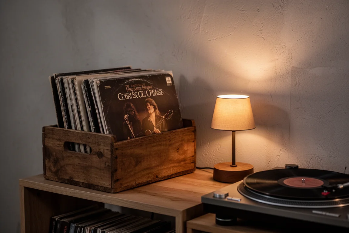 Caixa de discos de vinil ao lado da prateleira do toca-discos sob a luz de um abajur