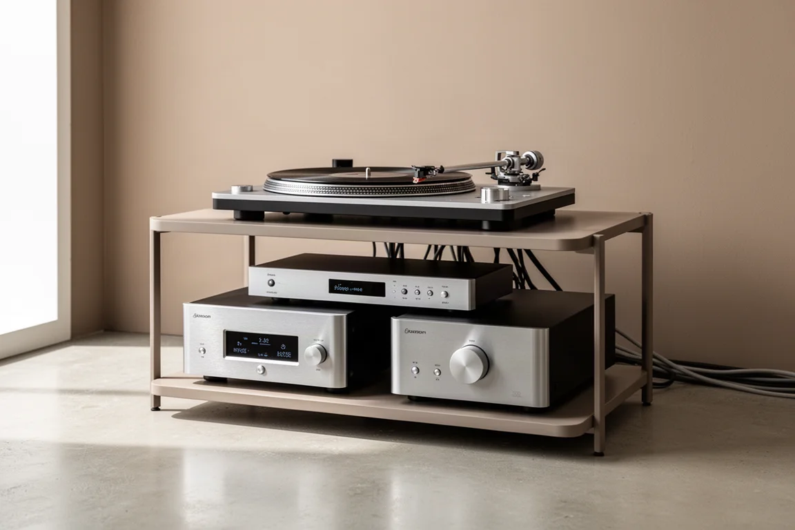 Sistema hi-fi completo com toca-discos, pré de fono e amplificador em uma prateleira