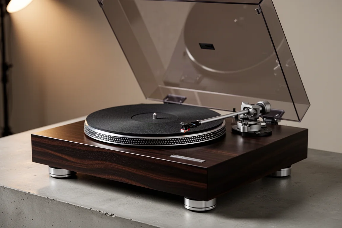 Direct drive turntable with dark ebony wood plinth and slim tonearm on a concrete surface