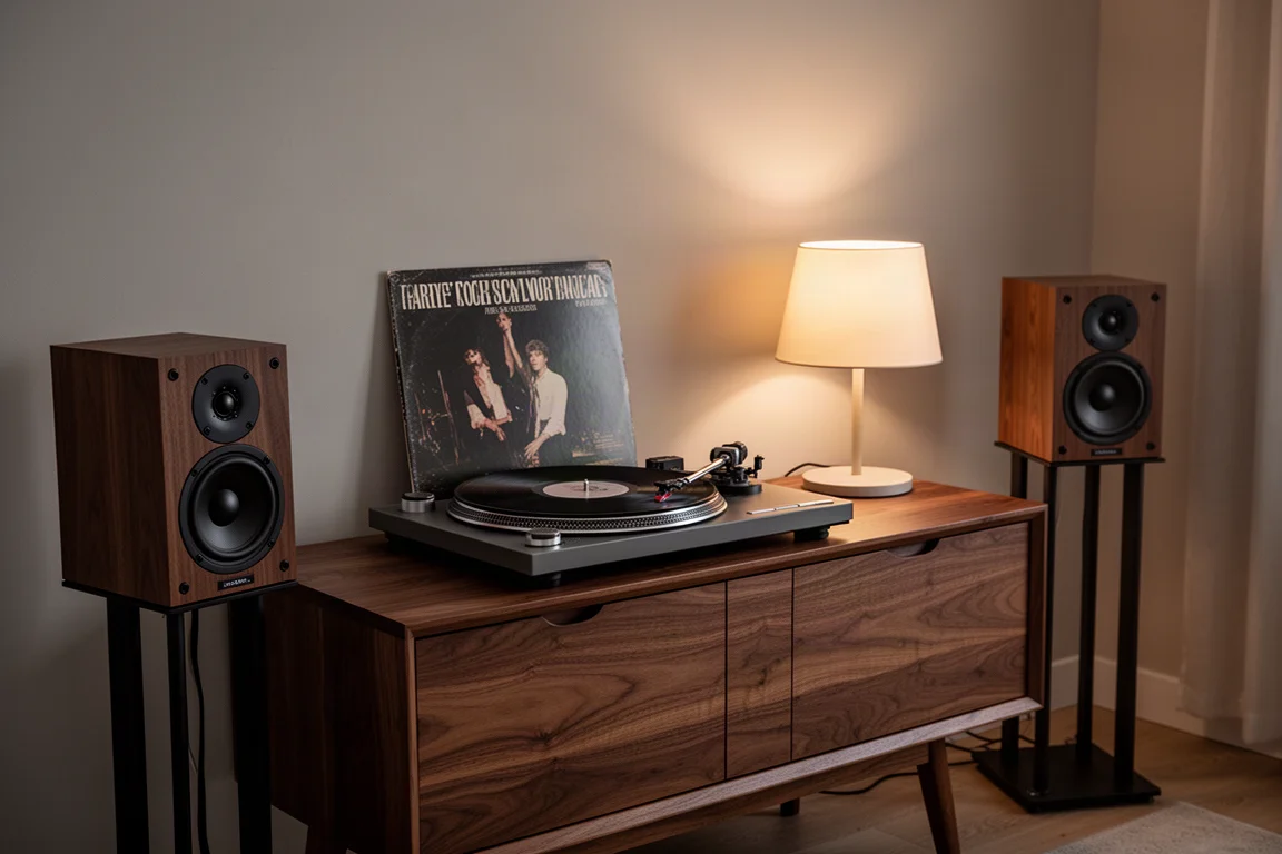 Angolo d'ascolto in soggiorno al crepuscolo con giradischi, diffusori e una copertina in vinile