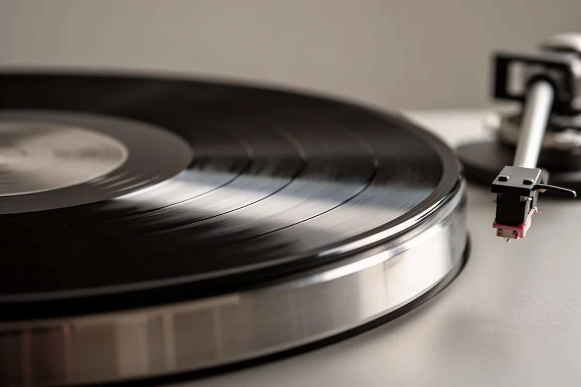 Primo piano di un disco in vinile che gira su un piatto in metallo in morbida luce di finestra