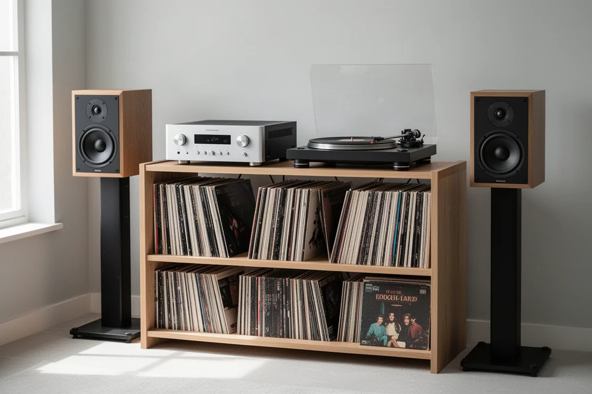 Mobile hi-fi domestico con amplificatore, giradischi e scaffali di dischi in vinile