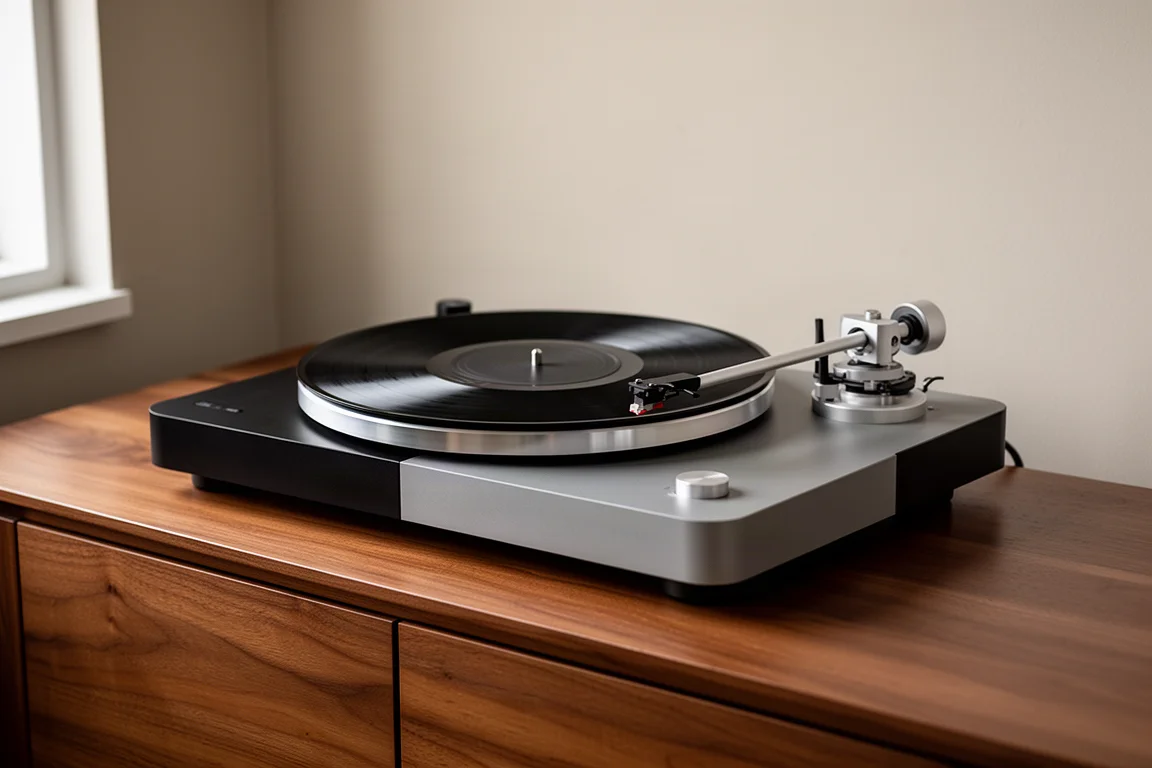 Belt-drive turntable with S-shaped tonearm and vinyl record on a walnut sideboard