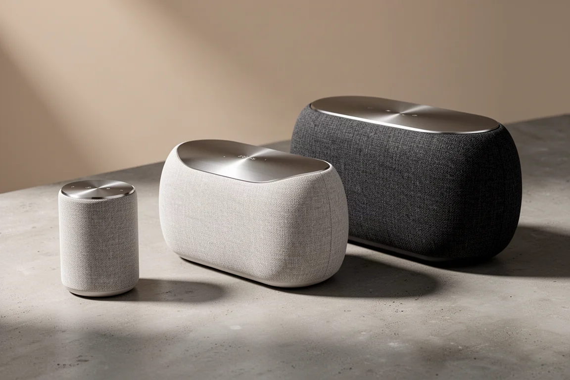 Three fabric-wrapped wireless speakers of different sizes on a matte concrete surface