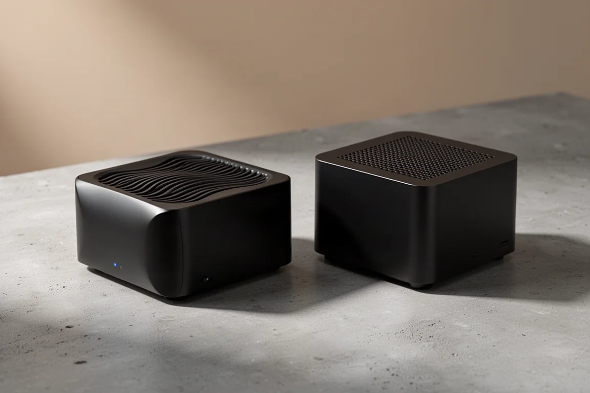Two compact black streaming amplifiers side by side on a concrete surface