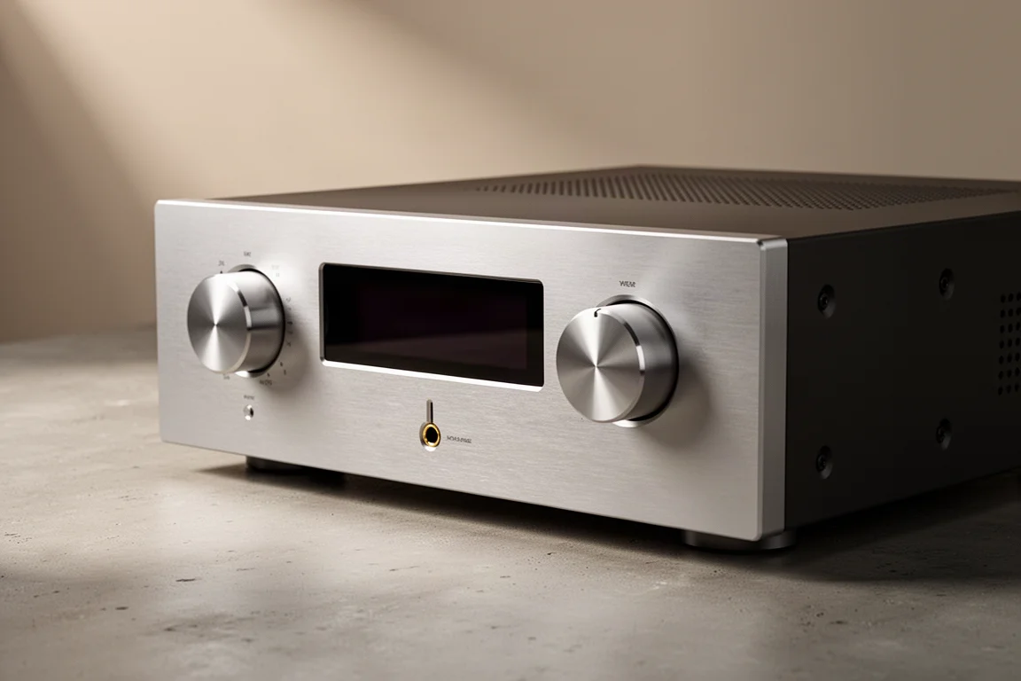 Full-size integrated stereo amplifier with brushed aluminum faceplate on a concrete surface